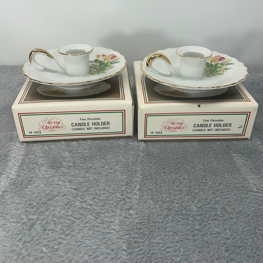 VTG Japan Christmas Candle Holders Pair Porcelain Tree Gold Trim Original Box